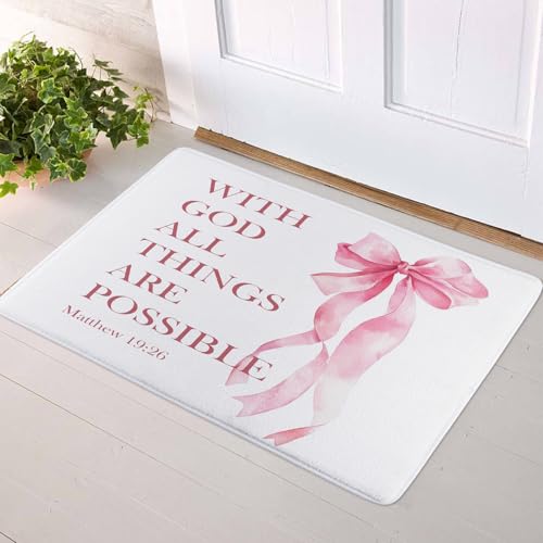 HVEST Pink Bow Bath Mat for Bathroom, Christian Bible Verse Pattern Non-Slip Bathroom Mat, Cute Memory Foam Bath Rug, Shower Mats, Quick-Drying Toilet Rug, 23X15 Inches - color: Pink White