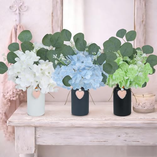 Artificial Potted Plants Faux Hydrangea Flowers in Mason Jar Vase | Small Decorative Fake Plants, Faux Hydrangea and Eucalyptus Arrangements for Kitchen Table Bookshelf Farmhouse Decor