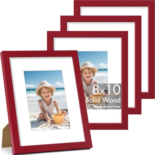Vittanly Solid Wood 8x10 Picture Frames Set of 4, Red | 5x7 Picture Frame with Mat, Gallery Wall Frame Set, 8 x 10 Frame for Wall & Tabletop Display, Family, Pet, Christmas - color: Red, size: 8x10