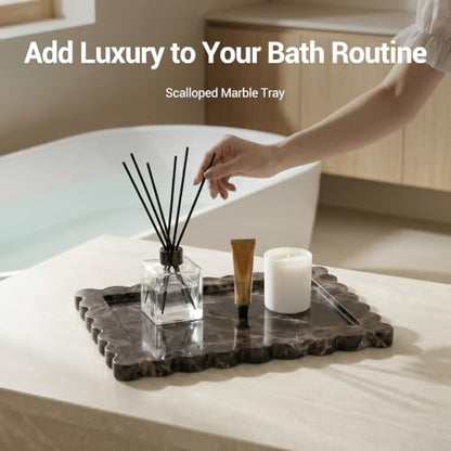 Large Dark Brown Marble Vanity Tray, Scalloped Bathroom Counter Tray | Elevates Countertops with Timeless Natural Stone Beauty - color: Dark Brown
