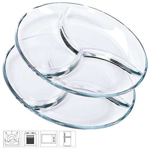 FOYO Round Tempered Glass Serving Platters/Trays - 3 Sectional -10'' Diameter, Set of 2