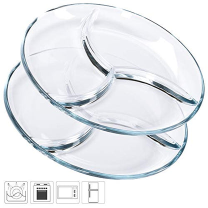 FOYO Round Tempered Glass Serving Platters/Trays - 3 Sectional -10'' Diameter, Set of 2