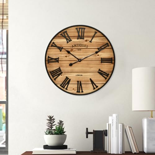 24 Inch Farmhouse Wall Clock - Antique Rustic Wood Finish, Silent Battery-Operated Timepiece with Stylish Decor for Home, Office, Kitchen, Bedroom & Living Room - size: 24 Inch
