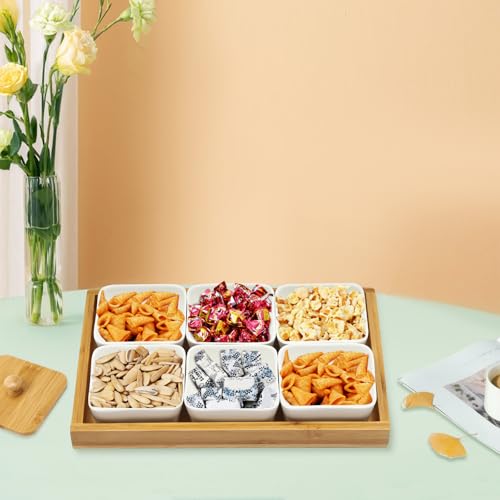 Ceramic Divided Serving Dishes with Bamboo Platter, 6 Piece Ceramic Snack Serving Tray&Fruit Tray, Platter Fruit Candies Condiments Food Bowls, with Wooden Serving Tray and Lids, for serving fries