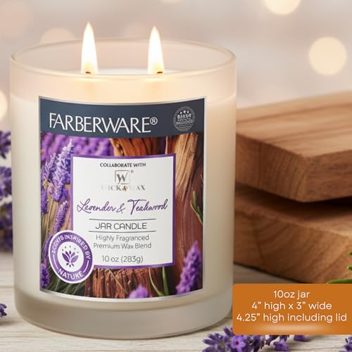 10oz Lavender and Teakwood Jar Candle by Farberware – Soy Wax Blend, Two Wick Highly Scented Candle for Entertaining, Personal Relaxation – Up to 50 Hours Burn Time – for Any Fragrance Lover