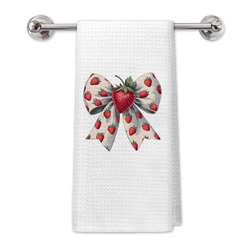 Coquette Strawberry Bow Kitchen Towels, Cute Retro Strawberry Dish Tea Towels for Kitchen Decor, Girly Preppy Aesthetic Bow Hand Towels for Bathroom Decor, 16x24 Inch - color: Strawberry Bow Towels