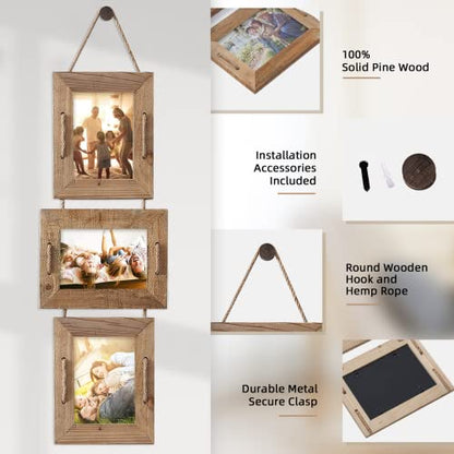 5x7 Collage Picture Frames, 3 Opening, Solid Wood, Brown, 2 Pack | Wall-Mounted Hanging Design, Displays 4x6 Photos with Mat or 5x7 Photos Without Mat, Three-Opening Layout - color: Brown