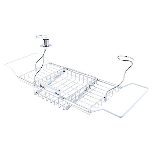 GOTOTOP Stainless Steel Bathtub Caddy Tray with Wine Glass Holder, Adjustable Over Bath Tub Rack, Removable Book Holder