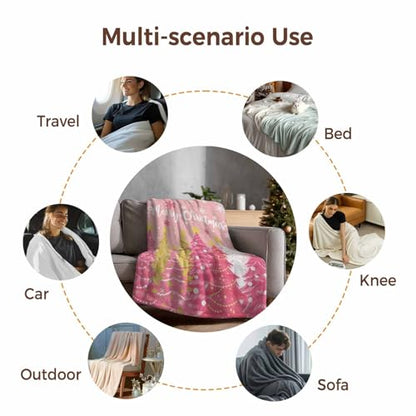 Pink Christmas Tree Throw Blanket, Merry Christmas Super Soft Warm Flannel Blankets for Bed Couch Sofa Gold White Pine Tree Snowy Lightweight Fluffy Plush Bed Throws 40x50 Inch - color: White Pink, size: 40''x50''