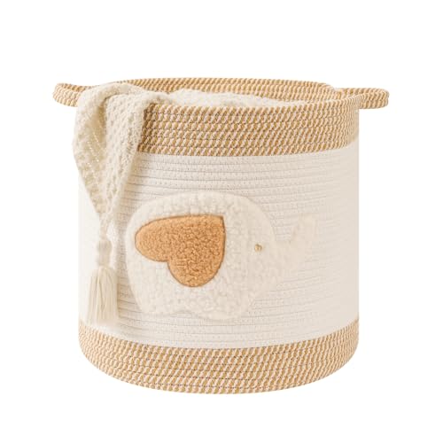 Large Blanket Baskets for Living Room Decor, Toy Storage Baskets 14" x 14" Woven Cotton Rope Storage Basket for Kids, Dog Toys Organizer Clothes Hamper with Embroidery for Nursery Laundry, Elephant - color: Elephant, size: Large