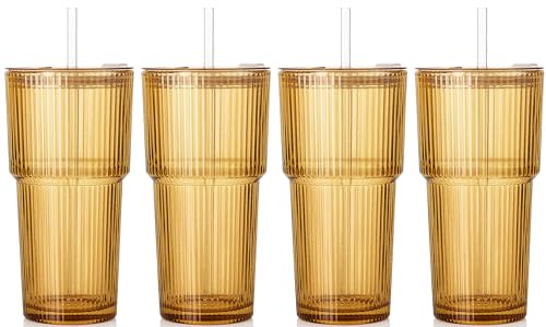 Amber Drinking Glasses，4PCS Amber Ribbed Glass Cups with Lids and Straws, 20oz Vintage Drinking Glasses, Aesthetic Iced Coffee Cups, Brown Yellow Glass Cup - color: Amber-4
