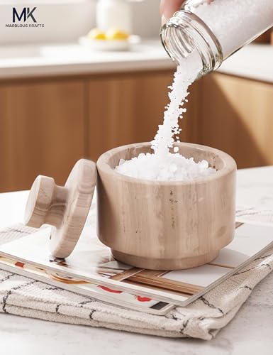 Marble Salt Cellar with Lid & Spoon 3" Brown Small Flaky Salt Box and Sugar Jar for Spice Storage on Countertop, Kitchen Seasoning Container - color: Natural Brown