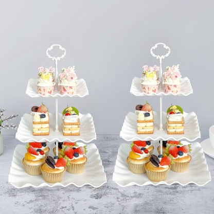 2 Pack of White Square Dessert Cupcake Stand, 3 Tiered Plastic Serving Tray | 3 Tier Cup Cake Holder Tower for Tea Party/Birthday/Wedding - color: White