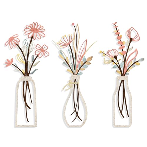 Pigort 3 Pieces Metal Flowers Wall Arts - Rustic Farmhouse Style Décor Metal Wall Art Black Minimalist Flower Natural Themed Wall Decors for Home Bedroom Dining Room Housewarming (Pink Beige) - color: Pink Beige