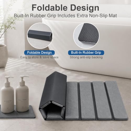 Foldable Stone Bath Mat, Quick Dry Diatomaceous Earth Bath Mat with Non-Slip Mat, Super Absorbent, Easy to Clean, Compact for Bathrooms&Kitchen Counter, 24"×16" & 8"x4", Grey