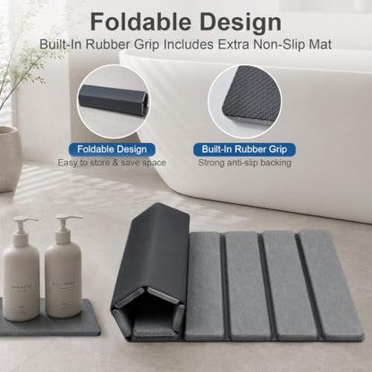 Foldable Stone Bath Mat, Quick Dry Diatomaceous Earth Bath Mat with Non-Slip Mat, Super Absorbent, Easy to Clean, Compact for Bathrooms&Kitchen Counter, 24"×16" & 8"x4", Grey