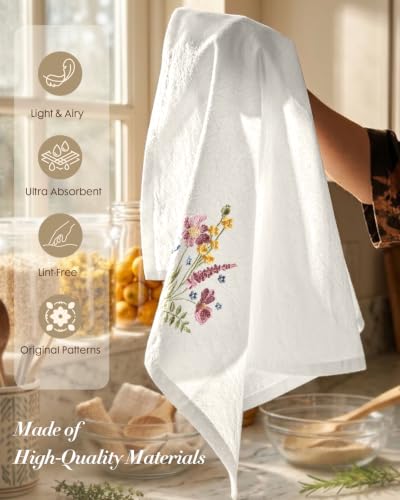 Embroidered Flour Sack Kitchen Towels, Watercolor Flowers | Exquisite Embroidery, Pure Cotton, Lightweight, Nostalgic Design, with Hanging Loop, Softer After Wash, Machine Washable - color: Watercolor Flower