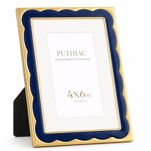 4x6 Scalloped Enamel Picture Frame, Gold Edge, Midnight Navy | Aluminum Alloy Frame, Enamel Inlay, Tempered Glass, 3x5 Mat, Wall or Tabletop Display for Shelves, Portraits, Art Prints - color: Midnight Navy, size: 4x6