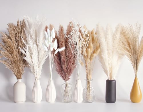 Bannifll 128 PCS Dried Pampas Grass Bouquet, Boho Table Decor, Bunny Tails Dried Flowers, Brown Pampas, White Pampas Grass for Weddings, Home Decor, Rustic Parties, and Baby Shower Decorations - color: 128pcs-a