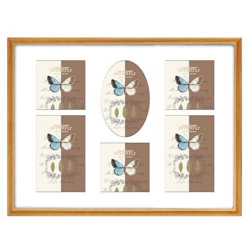 12x16 Collage Picture Frame, Premium Solid Teak Frame with Tempered Glass, Holds 3Pcs 4x6 & 3Pcs 4x4 Photos, Handcrafted Rounded Corner, Horizontal & Vertical Wall Mount - color: TEAK, size: 12×16 6openings