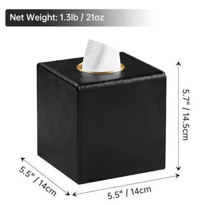 Square Tissue Box Cover with Magnetic Closure, Black | Luxury PU Leather Tissue Holder with Gold Tone Metal Opening, Fits All Standard Cube Tissue Boxes - color: Black