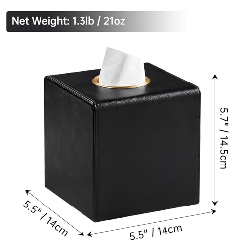 Square Tissue Box Cover with Magnetic Closure, Black | Luxury PU Leather Tissue Holder with Gold Tone Metal Opening, Fits All Standard Cube Tissue Boxes - color: Black