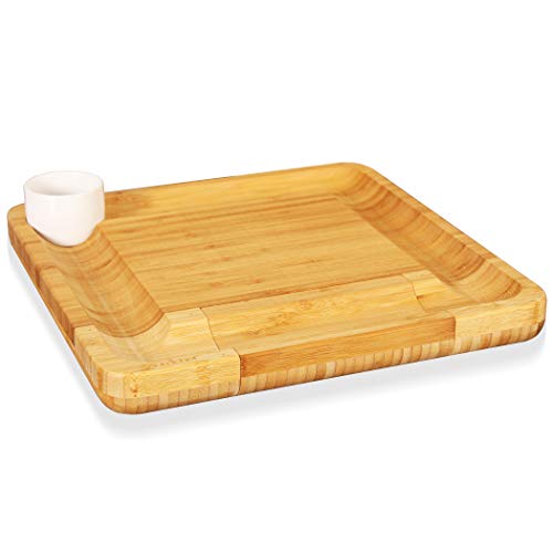 NutriChef Bamboo Cheese Cutting Board Set - Flat Wood Rectangle Serving Platter Plate Kit for Fruit and Meat w/Closing Drawer Tray, 4 Stainless Steel Knives, Bonus Condiment Cup - NutriChef AZPKCZBD10