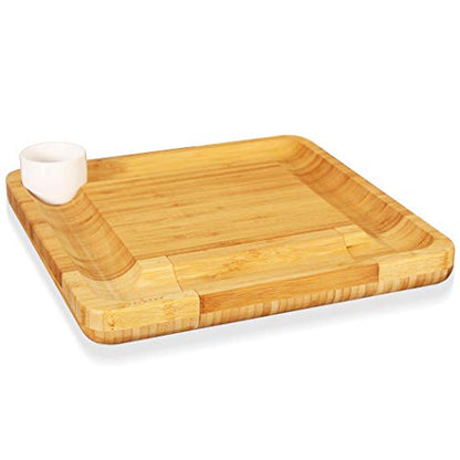 NutriChef Bamboo Cheese Cutting Board Set - Flat Wood Rectangle Serving Platter Plate Kit for Fruit and Meat w/Closing Drawer Tray, 4 Stainless Steel Knives, Bonus Condiment Cup - NutriChef AZPKCZBD10