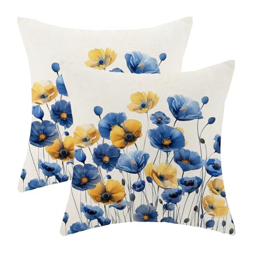 Spring Floral Pillow Covers 18x18 Set of 2 Blue Yellow Flower Decorative Throw Pillow Covers Decoration Summer Seasonal Pillowcase Farmhouse Decorative Cushion Cover For Home Sofa Outdoor Decor - color: Flower-b-blue Yellow, size: 18" x 18" (Pack of 2)