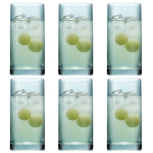 Physkoa Sage Green Ribbed Drinking Glasses Set of 6 – Vintage Embossed Highball Glassware, Thick Durable Tumbler Cups for Water, Juice, Cocktails, Iced Coffee, Kitchen Bar Gift Set - color: Green