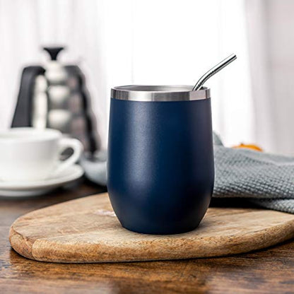 COMOOO 12oz Stainless Steel Wine Tumbler with Lid and Straw Double Wall Vacuum Insulated Wine Tumbler Cup Stemless for Hot and Cold Drinks, Coffee, Wine, Cocktails Navy, 8 Pack - color: Navy
