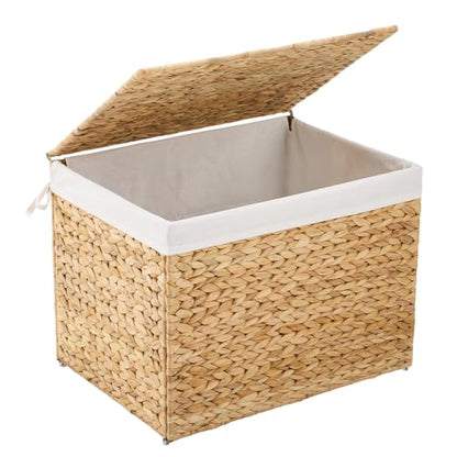Water Hyacinth Storage Basket with Lid, 31.7 Gallon (120L) Wicker Shelf Basket with Removable Liner, Wicker Storage Basket for Blanket, for Livingroom, Bedroom, Natural - size: 23.62"L x 17.72"W x 17.72"H