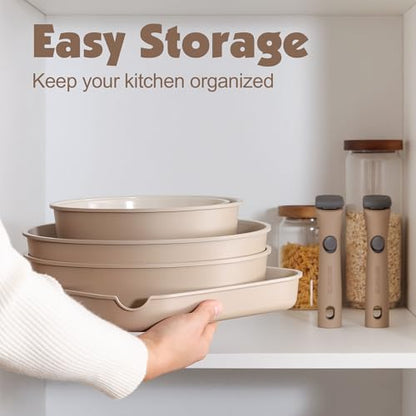 SENSARTE 17 Piece Ceramic Detachable Handle Pots and Pans Set Almond Beige | Ceramic Cookware Set, Induction Cookware Set with Removable Handle, Healthy Non Stick for RV, Dishwasher ＆ Oven Safe - color: Almond Beige, size: 17 Piece