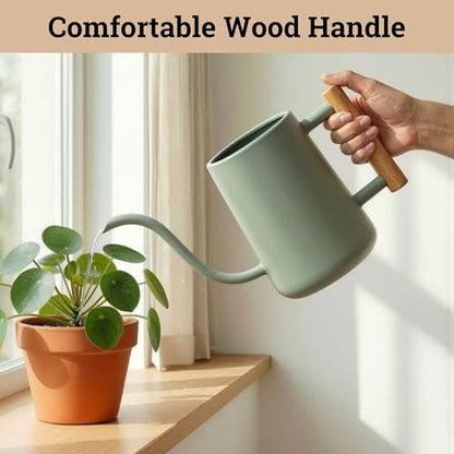 Metal Small Indoor Watering Can with Long Spout & Real Wood Handle, 35oz | Long Spout, Stainless Steel, Real Wood Handle, Gentle Flow, No Spills, Suitable for House Plants, Succulents & Seedlings - color: Sage Green