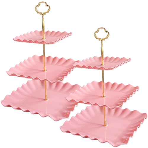 2 Pack of Pink Square Dessert Cupcake Stand, 3 Tiered Plastic Serving Tray | 3 Tier Cup Cake Holder Tower for Tea Party/Birthday/Wedding - color: Pink