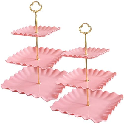 2 Pack of Pink Square Dessert Cupcake Stand, 3 Tiered Plastic Serving Tray | 3 Tier Cup Cake Holder Tower for Tea Party/Birthday/Wedding - color: Pink