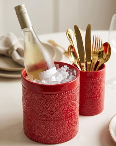Kitchen Utensil Holder, 7.2+5.5" Super Large Utensil Crock Heavy and Stable Lace Emboss Ceramic Utensil Holder for Kitchen Counter (2Pcs Christmas Red) - color: 2Pcs Christmas Red