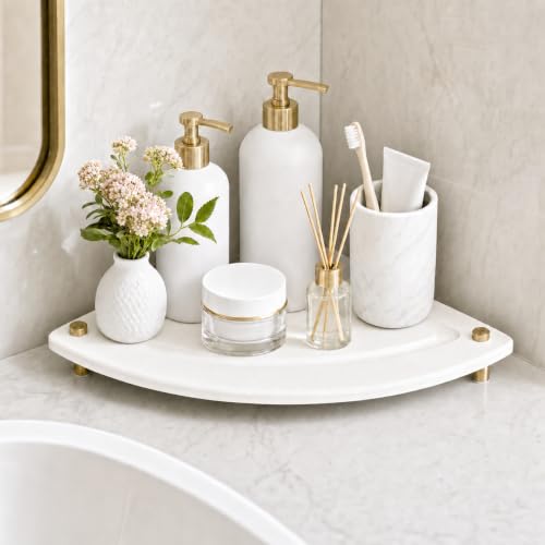 Corner Counter Shelf, Water Absorbing Stone Drying Tray Mat for Kitchen & Bathroom Sink, Diatomaceous Gold Faucet Coaster Soap Dish Rack Riser Dispenser Sponge Holder, White, 8.5" x 8.5" - color: 8.5"x 8.5" - White - Fan-shaped