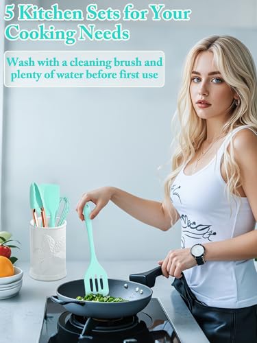 Kitchen Utensil Set,5 Pcs Mini Silicone Cooking Utensils Sets | Heat Resistant Non Stick Kitchens Gadgets BPA-Free Spatula Set,Kids Kitchen Tools Kitchen Set for Cooking - color: Green