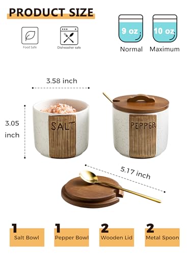 Salt and Pepper Bowls Ceramic, 10 OZ Salt and Pepper Container | Salt and Pepper Cellar wiht Lid & Spoon, Salt Containers for Countertop, Easy Access, Rustic Woodgrain Embossed Design, White - color: White, size: Set of 2