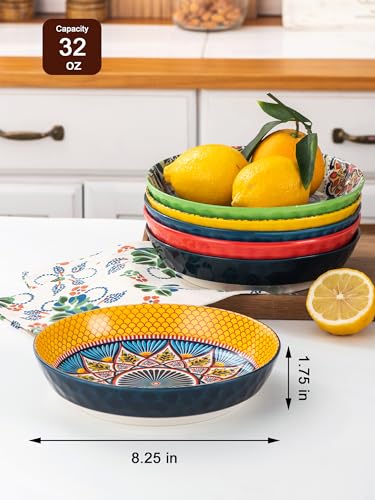 HENXFEN LEAD Pasta Salad Bowls Set of 6, Wide and Shallow Serving Bowls for Kitchen 32 Oz - 8 Inch Porcelain Soup Bowl, Pasta Plates Dishwasher & Microwave Safe - Bohemian style | Assorted Patterns, 8 Inch Pasta Plates with Wide and Shallow Design, Microw