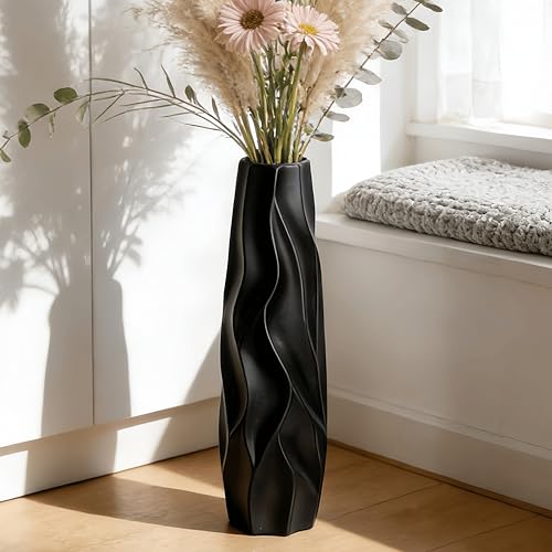 Black Tall Ceramic Floor Vase, 15.7 Inch, Pleated Wave Design | Matte Finish, Narrow Corners, Entryway, Bedroom, Compact Spaces - size: 15.7 Inch
