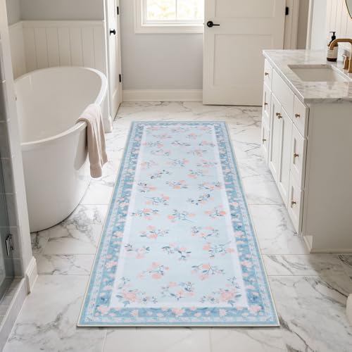 LIVEBOX Washable Runner Rug 2x6 for Kitchen, Boho Hallway Rugs Runner for Long Entryway, Low-Pile Floral Carpet for Bedroom, Non-Slip Soft Throw Rugs for Bathroom Laundry Room, Light Blue - color: Light Blue, size: 2' x 6' (Runner)