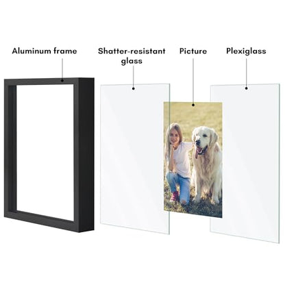 Americanflat 5x7 Floating Picture Frame 2-Pack - Metal - Black | Photo floats between two shatter-resistant glass panels, also fits a 4x6 photo with a floating border