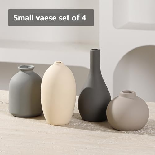 Ceramic Vase Set of 4 Small Vases Home Decor Modern Rustic Farmhouse | Pottery Decorative Flower Vases for Pampas Grass Dried Fresh Flowers, Living Room, Bedroom, Table Centerpiece, Mantel, Shelf