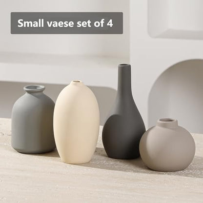 Ceramic Vase Set of 4 Small Vases Home Decor Modern Rustic Farmhouse | Pottery Decorative Flower Vases for Pampas Grass Dried Fresh Flowers, Living Room, Bedroom, Table Centerpiece, Mantel, Shelf