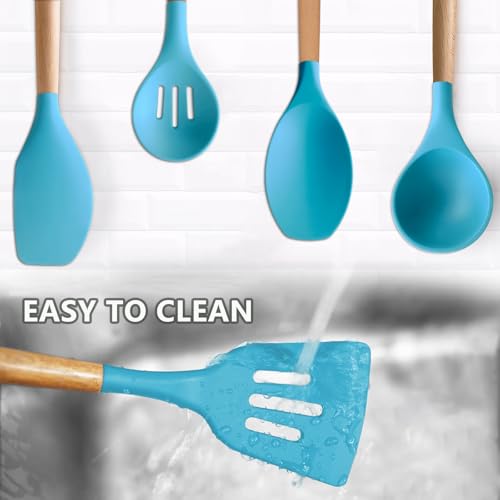 Silicone Kitchen Cooking Utensils Set, 5-Piece Non-Stick Silicone Kitchen Utensils Spatula Serving Spoons Turner Ladle Set w Wooden Handle Heat Resistant Cooking Gadgets for Nonstick Cookware - color: Light Blue, size: Standard 5-Piece Set