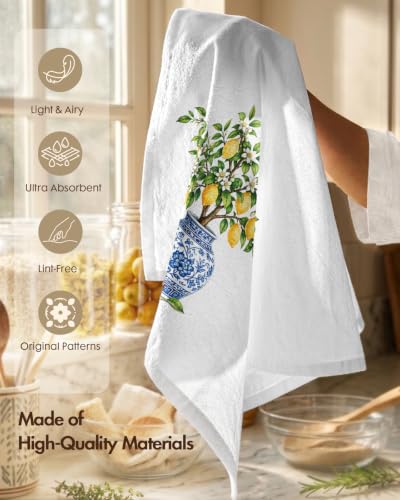 Flour Sack Kitchen Towels Set of 2, 18x26 Inch, Lemon Vase | 150GSM Cotton, Lint-Free, Quick Dry, Hanging Loop, Lightweight Tea Towels, French Home Decor, Chinoiserie, Housewarming Gift - color: Lemon Vase