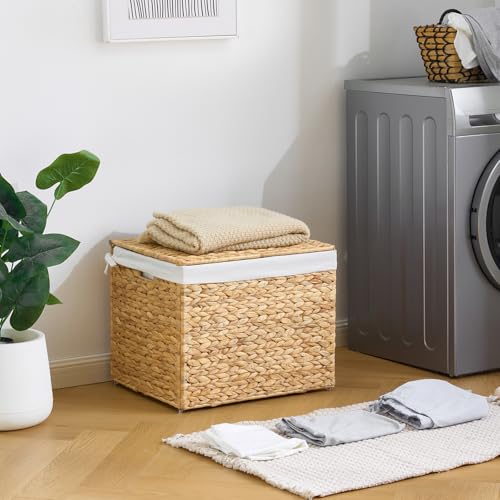 Water Hyacinth Storage Basket with Lid, 21.1 Gallon (80L) Wicker Shelf Basket with Removable Liner, Wicker Storage Basket for Blanket, for Livingroom, Bedroom, Natural - size: 19.7"L x 15.75"W x 15.75"H
