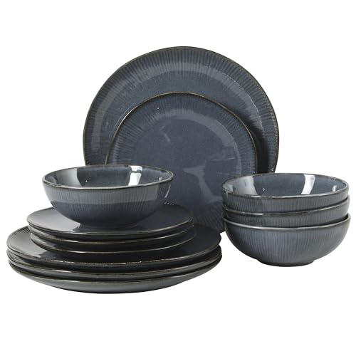 Gibson Elite Sandy Pines Stoneware Plates and Bowls Set - 12 Piece Reactive Glaze Dinnerware Set - Service for 4 - Dishwasher and Microwave Safe - Blue - color: Blue (Sandy Pines), size: Service for 4 (12pcs)